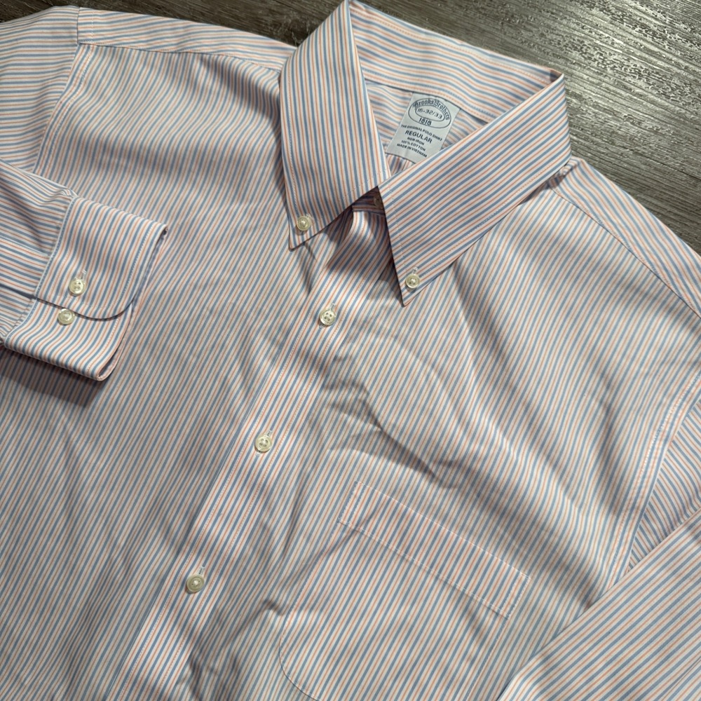 Brooks Brothers Shirt Mens 16 32/33 Blue Orange Cotton Non-Iron Striped Preppy